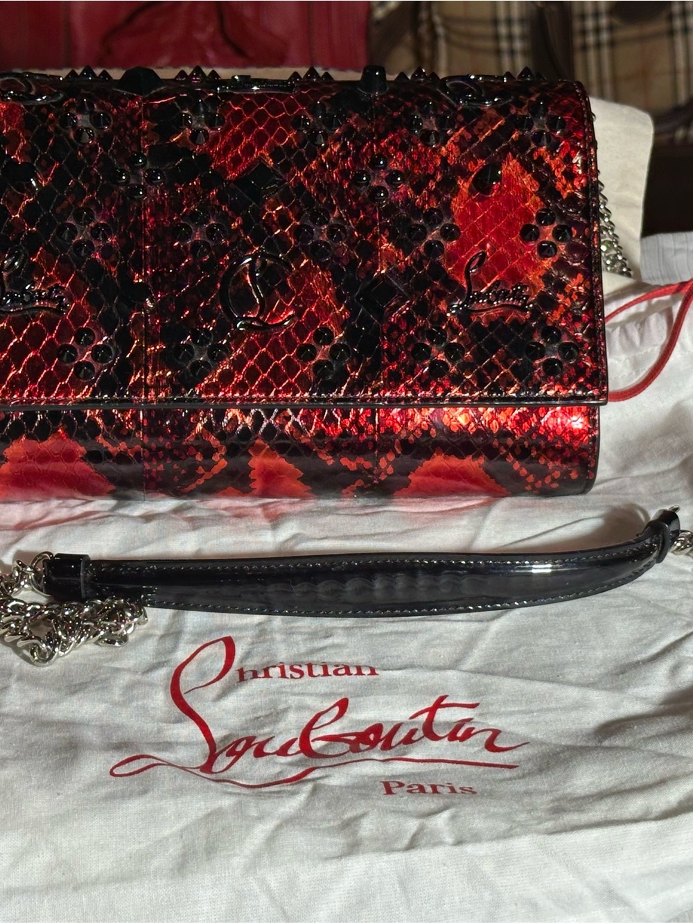 Christian Louboutin Red and Black Snakeskin-Print Studded Crossbody Bag